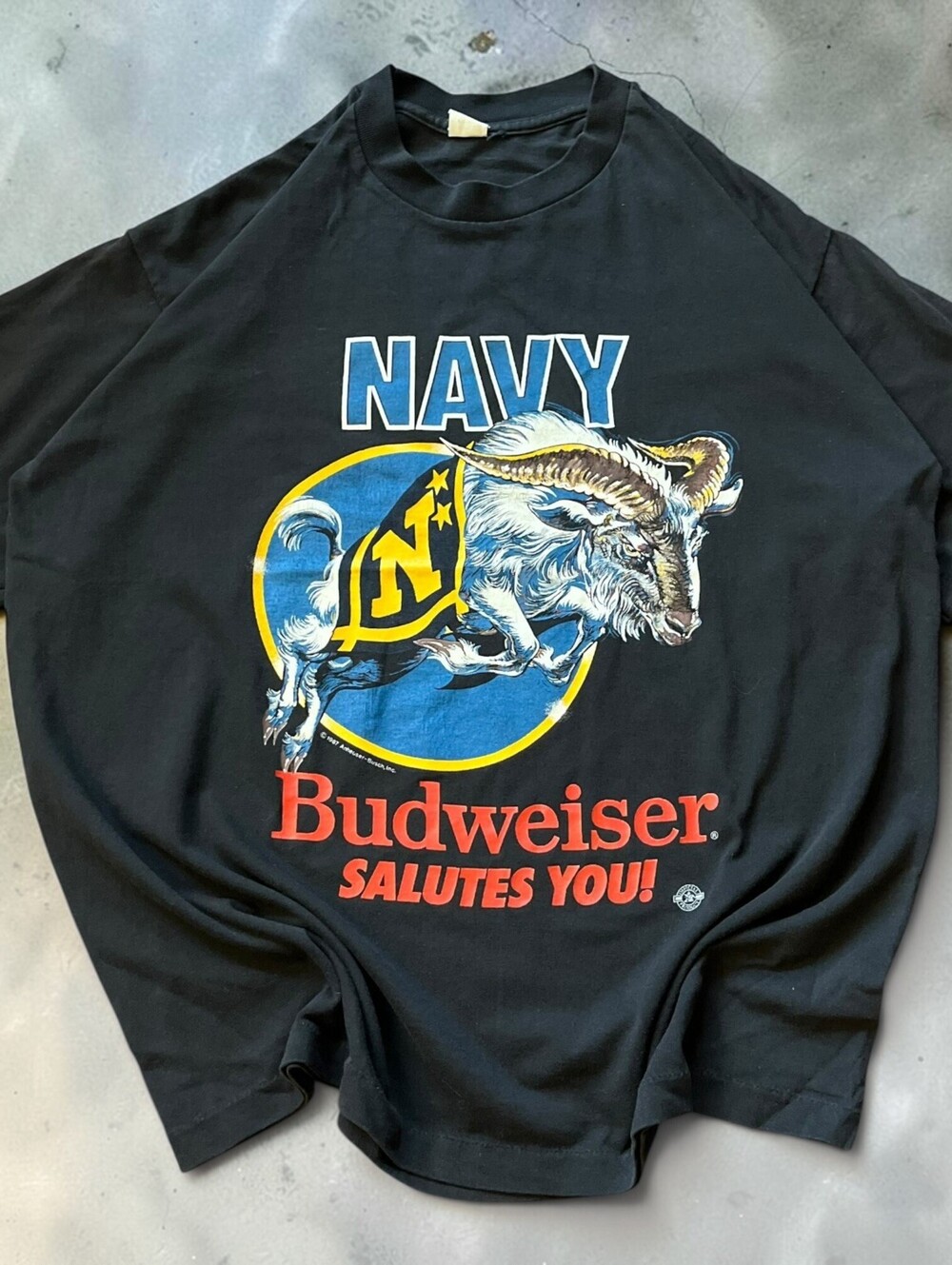Vintage 1987s Navy Budweiser Salutes You XL T-Shirt Ram Graphic Anheuser-Busch